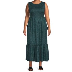 Terra & Sky Plus Size Smocked Maxi Dress Green Teal Leopard Print Size 0X (14W)